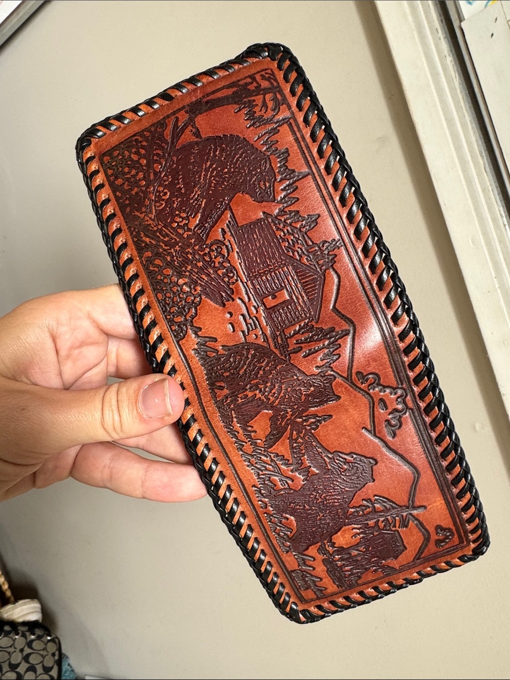 Hand-Tooled Brown Leather Men's Wallet with Western Carved Design